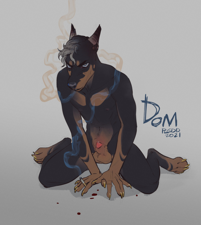 2021 4_toes 5_fingers anthro balls canid canine canis digital_media_(artwork) domestic_dog eyebrows eyelashes feet fingers fur genitals hair hi_res male mammal plgdd smoking solo toes