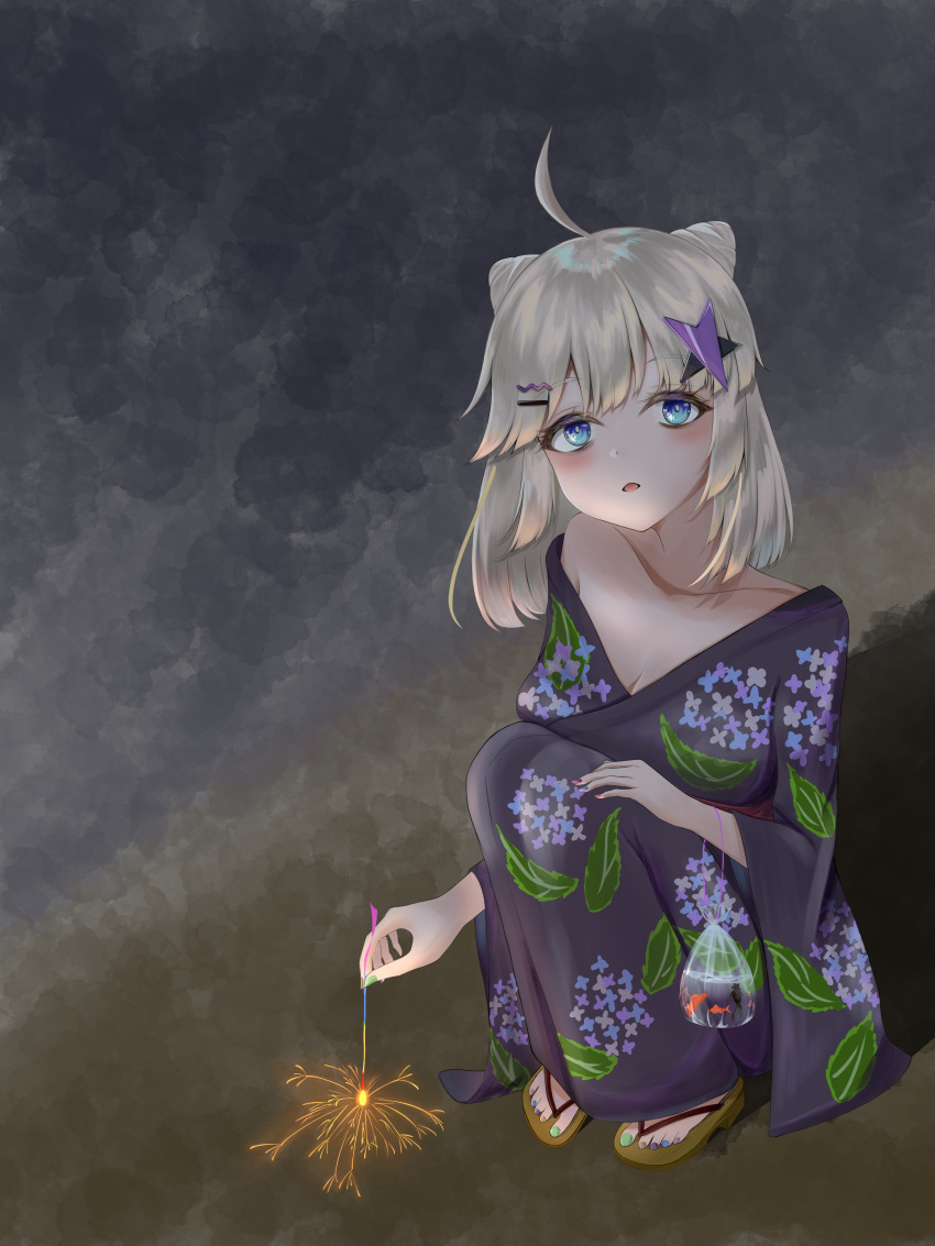 1girl :o aa-12_(girls'_frontline) absurdres ahoge bangs bare_shoulders beach blue_eyes blush breasts cleavage codename696 collarbone eyebrows_visible_through_hair fireworks from_above girls'_frontline hair_ornament hairclip hand_on_own_knee highres japanese_clothes kimono long_hair looking_at_viewer medium_breasts multicolored_nails nail_polish open_mouth platinum_blonde_hair sand sandals sitting solo star_(symbol) star_hair_ornament toenail_polish toenails water yukata