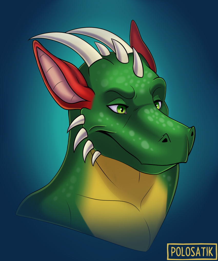 3/4_view abstract_background absurd_res blue_background curved_horn dragon green_body green_eyes green_scales headshot_portrait hi_res horn male polosatik portrait red_ears scales simple_background white_horn