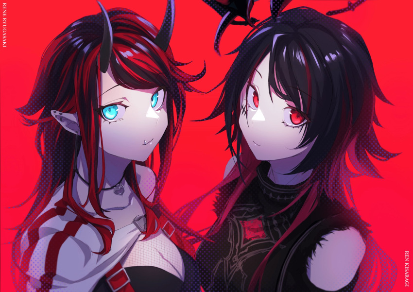 2girls bangs bikini bikini_top black_bikini black_hair black_shirt blue_eyes breasts character_name cleavage closed_mouth commentary_request compression_sleeve demon_girl demon_horns eyebrows_visible_through_hair fishnet_top fishnets gin_(tttetu123) gradient_hair highres horns iris_black_games jacket jewelry kisaragi_ren_(vtuber) large_breasts long_hair looking_at_viewer medium_breasts multicolored_hair multiple_girls necklace official_alternate_costume pointy_ears red_background red_eyes red_hair ryugasaki_rene shirt shrug_(clothing) single_sleeve smile striped striped_jacket sugar_lyric swimsuit torn_clothes torn_sleeves two-tone_hair upper_body virtual_youtuber vspo! white_jacket