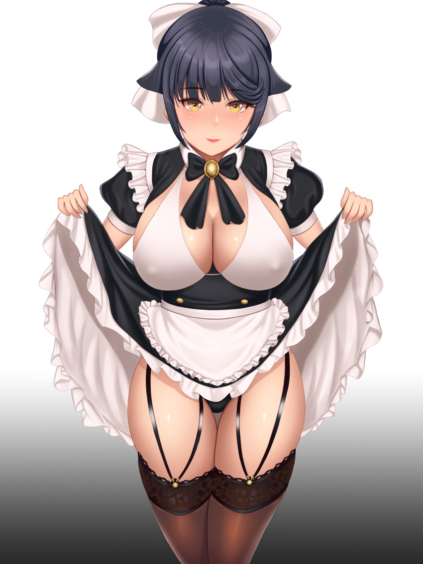 1girl absurdres alternate_costume apron azur_lane black_dress black_hair black_panties bow breasts brown_legwear cleavage covered_nipples dress enmaided eyebrows_visible_through_hair framed_breasts frilled_apron frills gradient gradient_background grey_background highres large_breasts looking_at_viewer maid panties puffy_short_sleeves puffy_sleeves rakuri_(rwrn5475) shiny shiny_skin short_sleeves solo takao_(azur_lane) thighhighs underwear waist_apron white_apron white_bow yellow_eyes