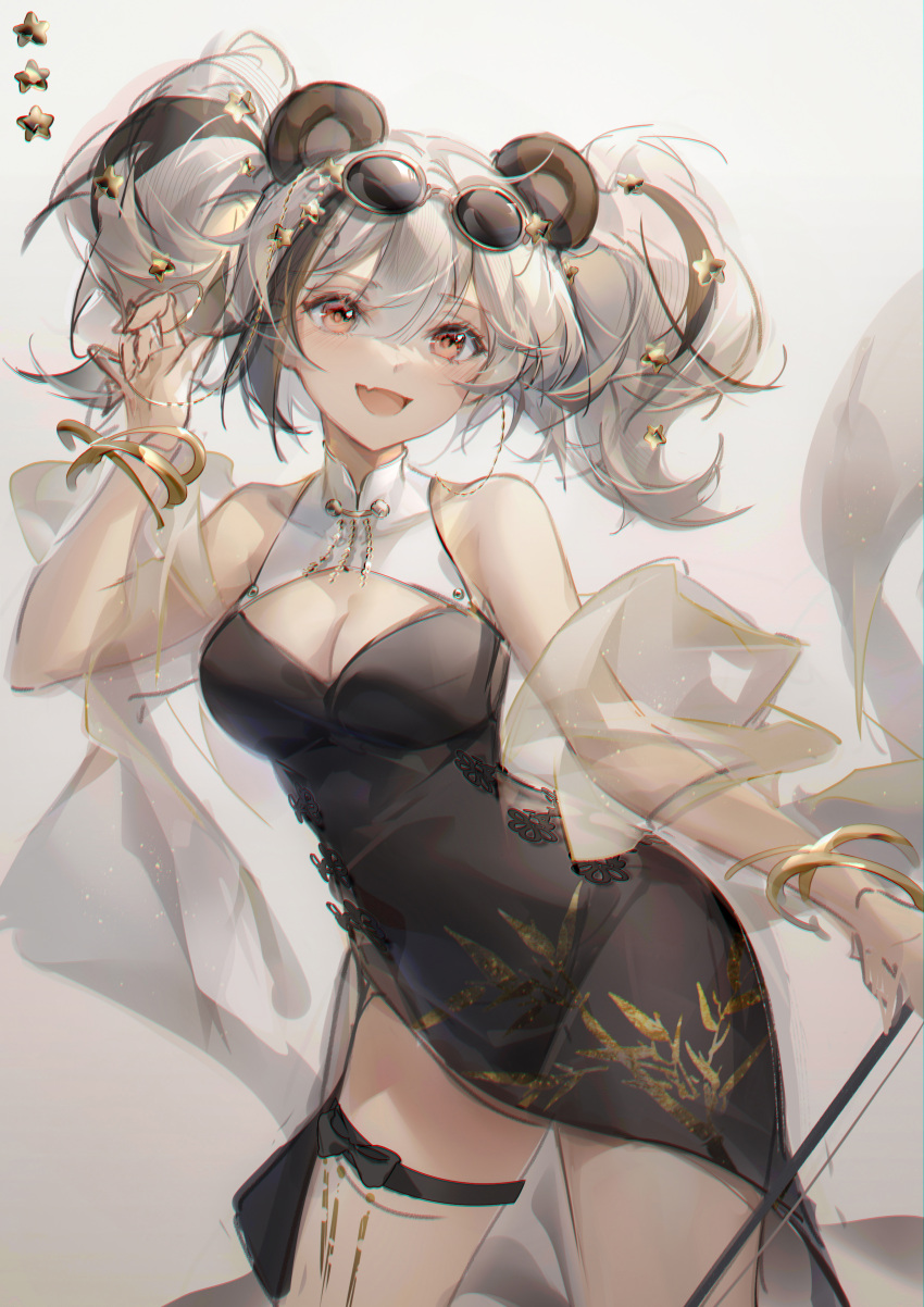 1girl :d absurdres animal_ears arknights artist_name bangs bare_shoulders bear_ears black_dress black_hair blush bracelet breasts cleavage cleavage_cutout clothing_cutout contrapposto cowboy_shot dress eyebrows_visible_through_hair eyewear_on_head fang feater_(arknights) hair_ornament highres irisrey jewelry looking_at_viewer medium_breasts multicolored_hair official_alternate_costume pelvic_curtain red_eyes see-through shawl short_twintails silver_hair skin_fang sleeveless sleeveless_dress smile solo star_(symbol) star_hair_ornament streaked_hair sunglasses thigh_strap twintails two-tone_hair