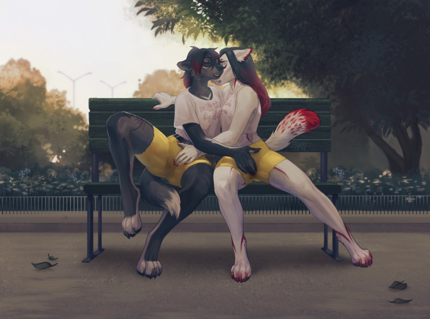2021 4_toes 5_fingers anthro black_hair black_nose breasts canid canine canis clothed clothing day detailed_background digital_media_(artwork) duo feet female fingers hair mammal outside plgdd sky toes wolf