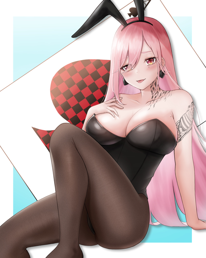 1girl absurdres animal_ears arm_tattoo bangs bare_shoulders black_legwear blush breasts card cleavage codename696 collarbone earrings eyebrows_visible_through_hair fake_animal_ears fangs fangs_out feet_out_of_frame girls'_frontline hair_between_eyes hand_on_floor hand_on_own_chest heart heart_earrings highres jewelry large_breasts long_hair looking_at_viewer mole mole_under_eye neck_tattoo open_mouth pantyhose pink_hair playboy_bunny rabbit_ears red_eyes sig_mcx_(girls'_frontline) sitting solo tattoo thighs tongue tongue_out