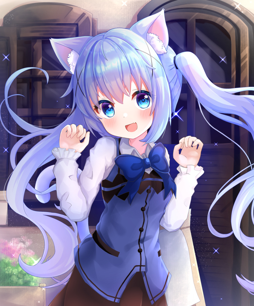 1girl animal_ear_fluff animal_ears arms_up black_skirt blue_eyes blue_hair blue_vest cat_ears cat_girl claw_pose fang gochuumon_wa_usagi_desu_ka? hair_ornament hairclip highres kafuu_chino long_hair looking_at_viewer nekopurin_(nyanko_prin) open_mouth outdoors rabbit_house_uniform shirt skirt smile solo twintails vest white_shirt