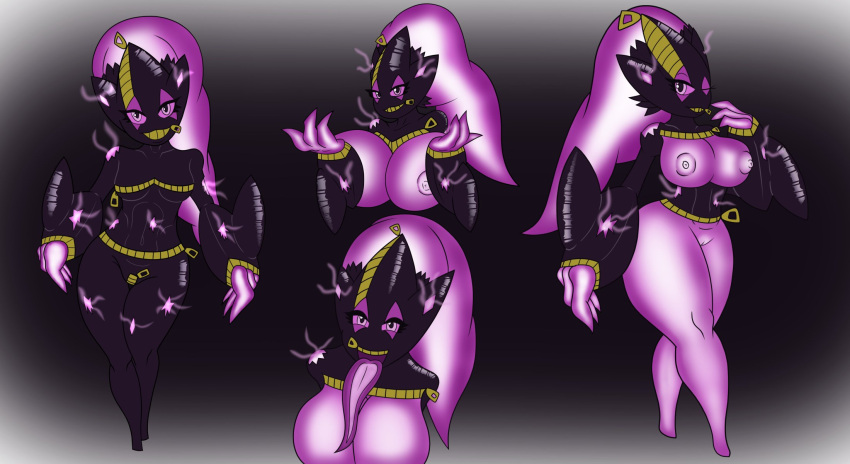 2021 banette big_breasts black_background breasts callista_(reapcreates831) female finger_in_mouth genitals gimp_mask hair hi_res huge_breasts humanoid latex_clothing mask model_sheet nintendo nipples not_furry pok&eacute;mon pok&eacute;mon_(species) ponytail purple_body purple_eyes pussy reapcreates831 simple_background solo thick_thighs tongue tongue_out video_games wide_hips zipper