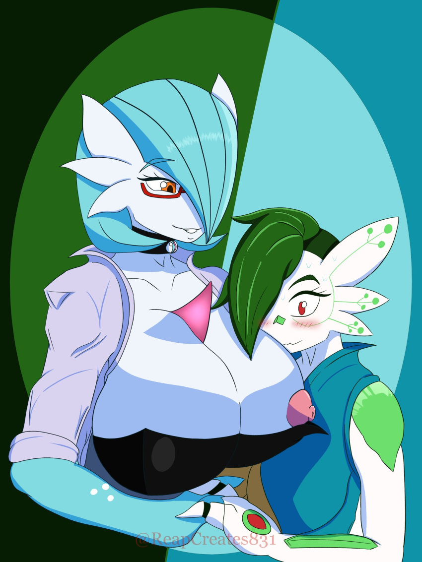 amber_(reapcreates831) big_breasts bite biting_lip blue_hair blush breast_size_difference breasts choker cleavage clothed clothing cybernetic_limb cybernetics dr._voir duo eyewear female gardevoir glasses green_hair hair hand_holding hi_res huge_breasts humanoid jewelry looking_at_breasts machine mega_stone necklace nintendo nipple_slip not_furry orange_eyes pok&eacute;mon pok&eacute;mon_(species) reapcreates831 red_eyes shiny_pok&eacute;mon signature simple_background size_difference video_games watermark