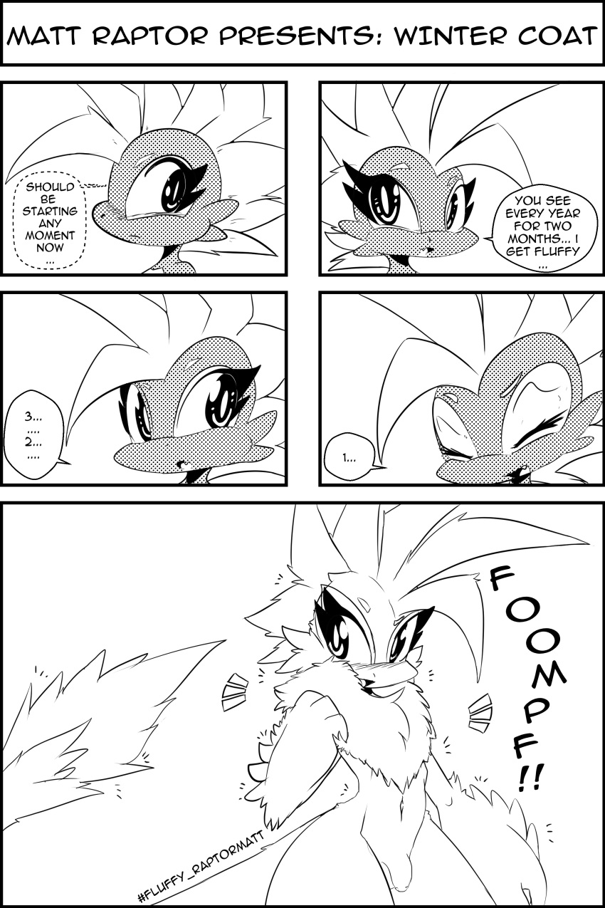 2021 2:3 absurd_res anthro balls blush comic dialogue dinosaur dromaeosaurid english_text eyes_closed feathered_dinosaur feathers flaccid fluffy front_view genitals girly greyscale hi_res humanoid_genitalia humanoid_penis looking_at_viewer male mane mohawk monochrome nude open_mouth penis raised_arm raptor_matt reptile scales scalie screentone smile solo speech_bubble talking_to_viewer text theropod white_crest_(artist)