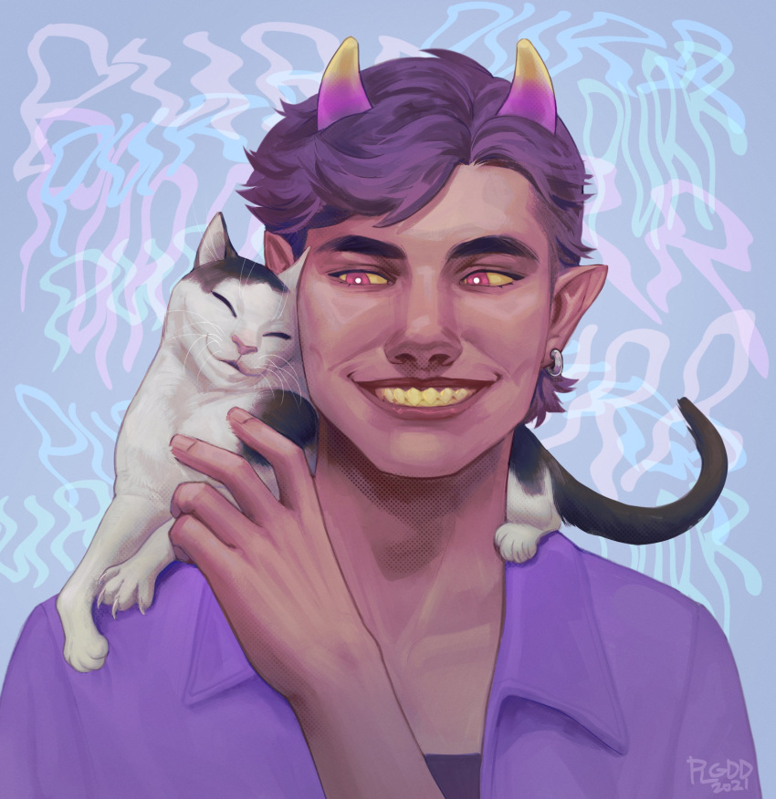 2021 absurd_res digital_media_(artwork) domestic_cat duo ear_piercing ear_ring felid feline felis hair hi_res horn humanoid mammal piercing plgdd purple_hair smile teeth