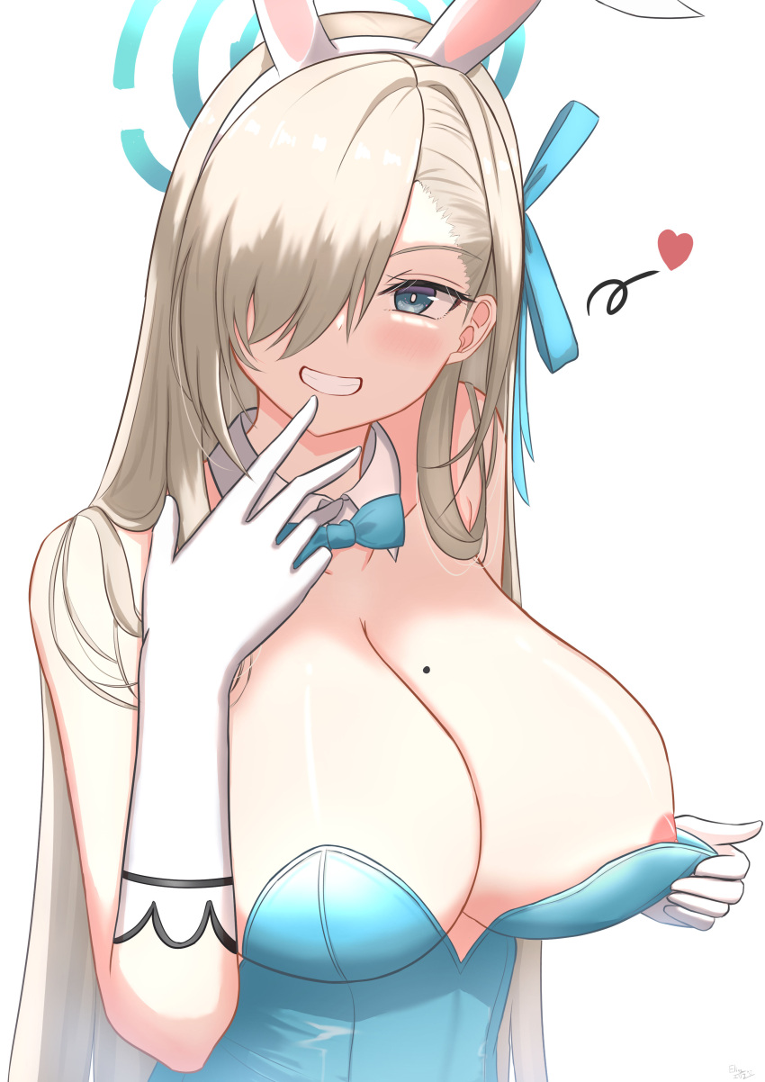 1girl absurdres animal_ears areolae asuna_(blue_archive) asymmetrical_bangs bangs blonde_hair blue_archive blue_bow blue_bowtie blue_eyes blue_leotard blue_ribbon blush bow bowtie breasts cleavage commentary detached_collar elbow_gloves elina_(eri15) eyebrows_visible_through_hair fake_animal_ears gloves grin hair_between_eyes hair_over_one_eye hair_ribbon halo hand_to_own_mouth heart highres large_breasts leotard long_hair looking_at_viewer mole mole_on_breast nipple_slip nipples playboy_bunny rabbit_ears ribbon self_exposure signature simple_background smile solo teeth upper_body white_background white_gloves wing_collar