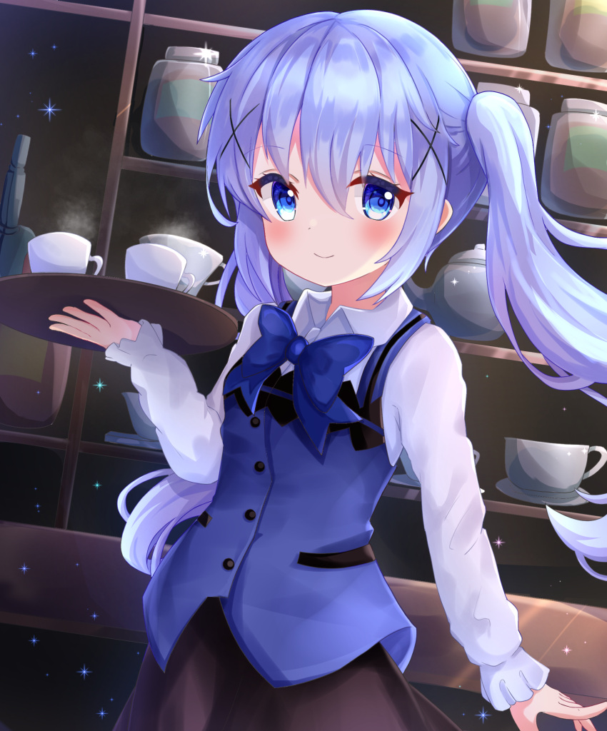 1girl black_skirt blue_eyes blue_hair blue_vest blush cup gochuumon_wa_usagi_desu_ka? hair_ornament hairclip highres indoors jar kafuu_chino long_hair looking_at_viewer nekopurin_(nyanko_prin) rabbit_house_uniform shelf shirt skirt smile solo teacup tray twintails vest white_shirt