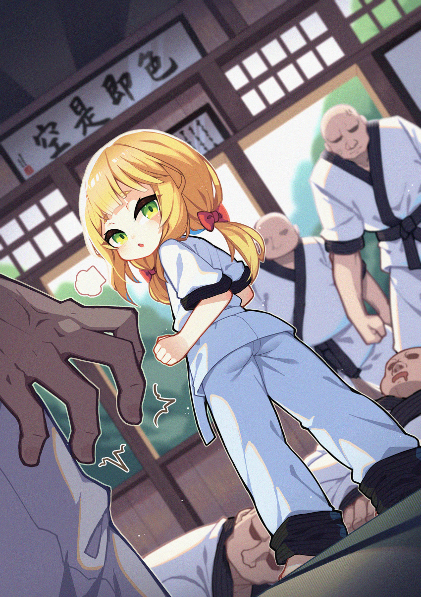 1girl 5boys absurdres ass bald belt black_belt blonde_hair bow child clenched_hands dojo dougi faceless faceless_male from_behind green_eyes hair_bow highres karate karate_gi kotoba_(1074421015) long_hair looking_back low_twintails martial_arts multiple_boys original pants ribbon shirt twintails white_belt white_pants white_shirt