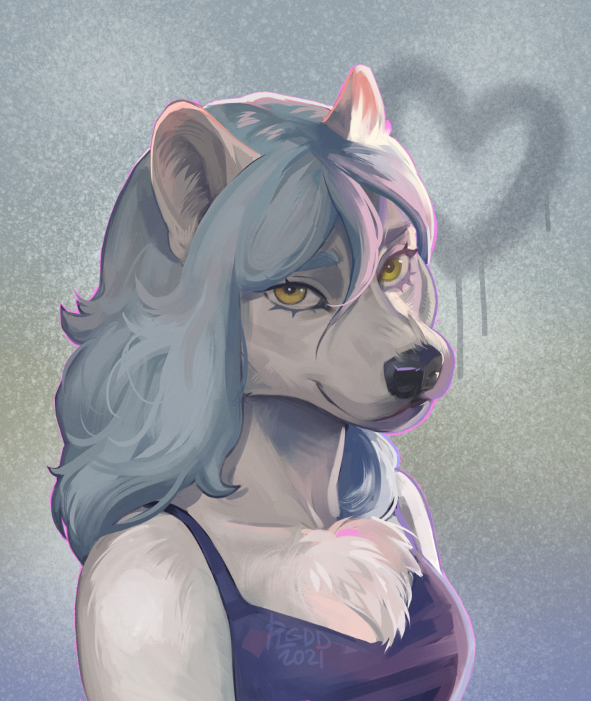 2021 anthro black_nose blue_hair breasts canid canine canis clothed clothing digital_media_(artwork) domestic_dog eyebrows eyelashes female hair hi_res looking_at_viewer mammal plgdd solo yellow_eyes