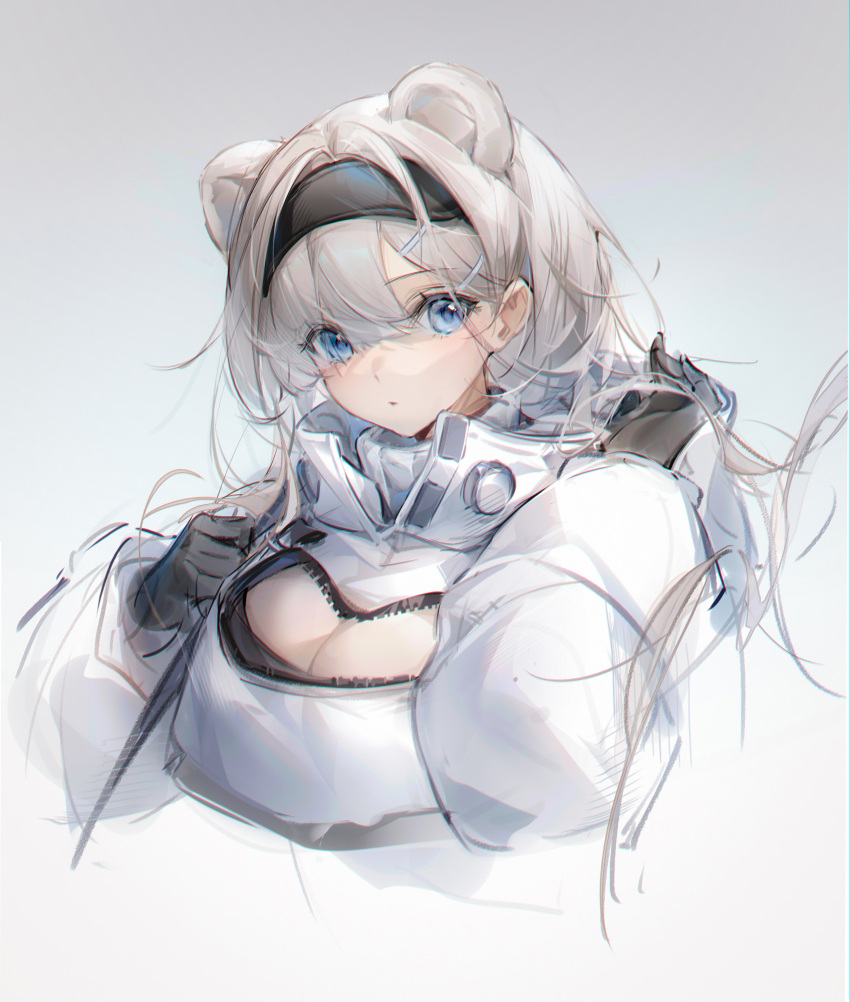 1girl animal_ears arknights artist_name aurora_(arknights) bear_ears black_gloves black_hairband blue_eyes blush breasts cleavage closed_mouth crop_top cropped_torso eyes_visible_through_hair gloves gradient gradient_background grey_background hair_ornament hair_over_one_eye hairband hairclip hand_in_hair high_collar highres irisrey large_breasts long_hair long_sleeves looking_at_viewer puffy_long_sleeves puffy_sleeves silver_hair solo unzipped upper_body
