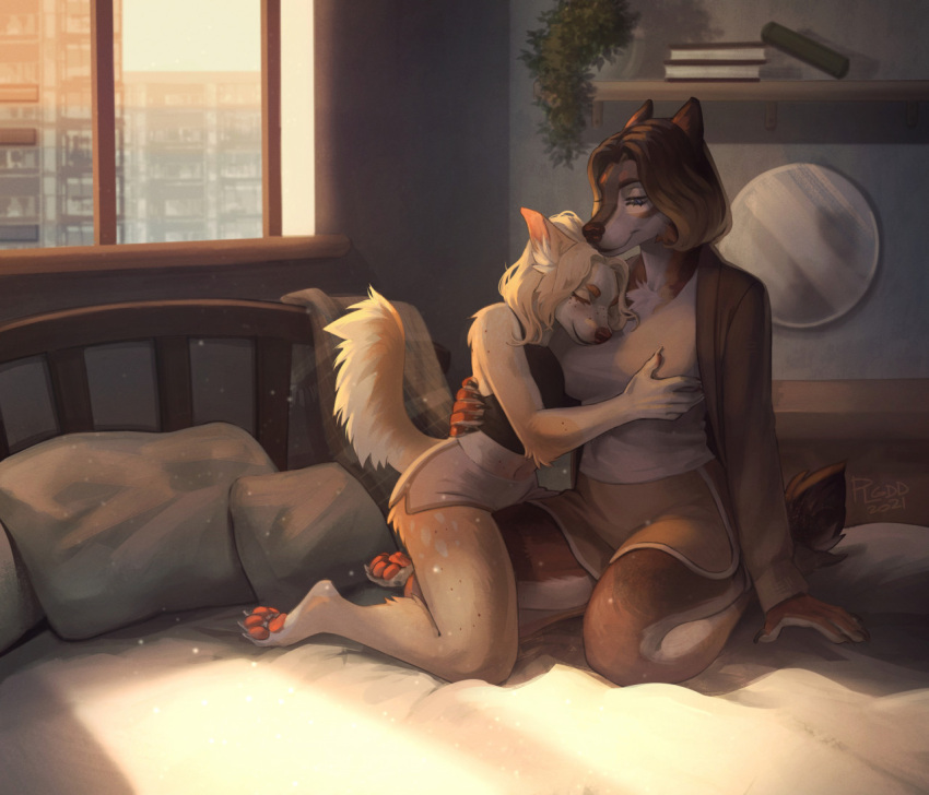 2021 4_toes 5_fingers anthro breasts canid canine canis clothed clothing detailed_background digital_media_(artwork) domestic_dog duo eyebrows eyelashes feet female fingers mammal plgdd smile toes