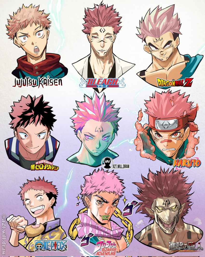 1boy a2t_will_draw akutami_gege_(style) angry araki_hirohiko_(style) bandana black_hair bleach boku_no_hero_academia boned_meat chain closed_mouth copyright_name dragon_ball dragon_ball_z electricity evil_smile extra_eyes facial_mark food forehead_mark green_lips highres holding horikoshi_kouhei_(style) isayama_hajime_(style) itadori_yuuji jojo_no_kimyou_na_bouken jujutsu_kaisen kishimoto_masashi_(style) kubo_tite_(style) light_brown_hair male_focus meat menacing_(jojo) multicolored_hair multiple_style_parody naruto naruto_(series) oda_eiichirou_(style) one_piece open_mouth parody pink_hair red_eyes ryoumen_sukuna_(jujutsu_kaisen) shingeki_no_kyojin smile spiked_hair style_parody titan_(shingeki_no_kyojin) toriyama_akira_(style) two-tone_hair