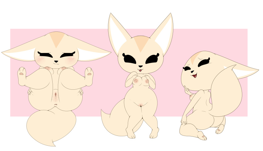 aggressive_retsuko anthro anus blush breasts butt canid canine enookie female fennec fenneko fox fur genitals hi_res looking_at_viewer looking_back mammal multiple_poses nipples nude open_mouth pose presenting pussy sanrio simple_background smile solo