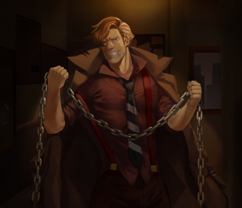 1boy almond_cookie bara brown_hair brown_pants chest_harness coat collared_shirt cookie_run facial_hair harness highres male_focus mature_male multicolored_hair muscular muscular_male necktie pants shirt short_hair solo streaked_hair striped yumilbo