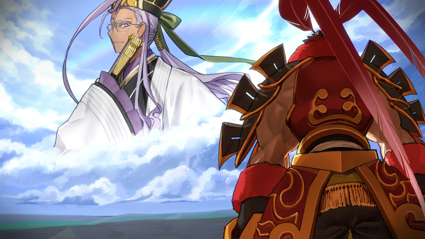 2boys armored_skirt back bow chen_gong_(fate) chinese_armor chinese_clothes cloud cloudy_sky coat dark_skin fate/extella fate/extra fate_(series) folding_fan game_cg green_bow green_ribbon hair_bow hairband hand_fan highres looking_at_another looking_down lu_bu_(fate) multiple_boys non-web_source official_art photoshop_(medium) ponytail purple_eyes purple_hair red_hair ribbon sky wada_arco white_coat