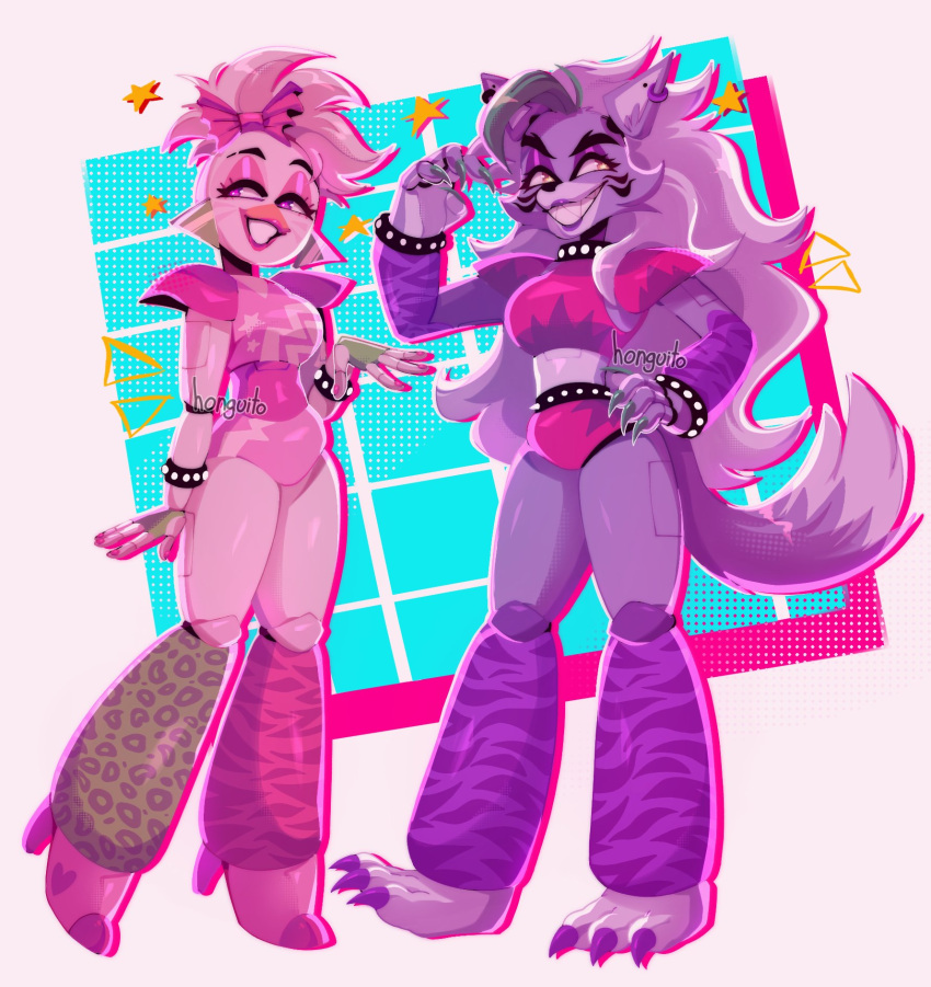 80's_theme animatronic anthro arm_warmers armwear avian bird bow bracelet canid canine canis chicken claws clothing duo ear_piercing ear_ring female five_nights_at_freddy's five_nights_at_freddy's:_security_breach galliform gallus_(genus) glamrock_chica_(fnaf) green_hair grin hair head_feathers hi_res high_heels honguito jewelry leg_warmers legwear long_hair machine mammal multicolored_hair phasianid piercing pink_eyes pose pseudo_clothing robot roxanne_wolf_(fnaf) scottgames smile two_tone_hair video_games wolf yellow_eyes