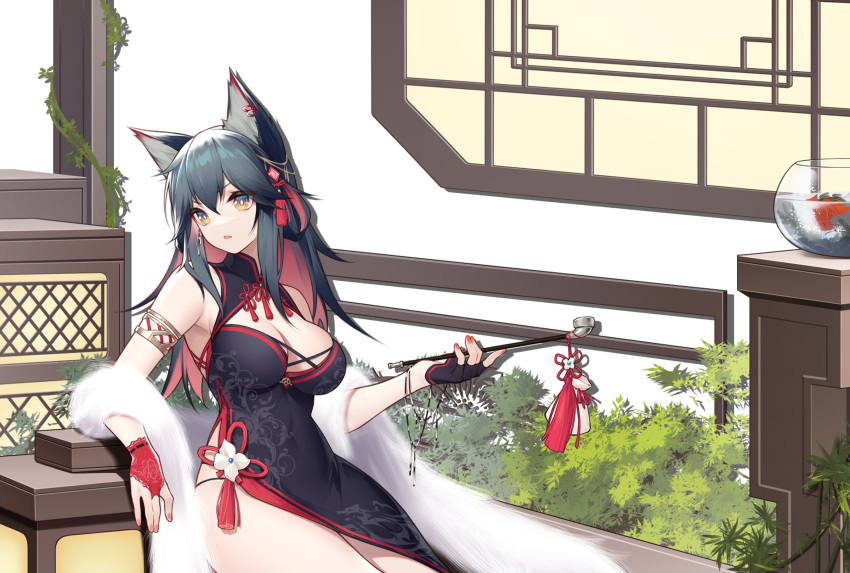 1girl animal_ears arknights armlet asymmetrical_gloves black_dress black_hair breasts bridal_gauntlets bright_pupils brown_eyes china_dress chinese_clothes cleavage cleavage_cutout clothing_cutout covered_navel dress earrings fingerless_gloves gloves half_gloves highres indoors jewelry jiusan_naitan large_breasts long_hair mismatched_gloves multicolored_hair nail_polish panties pipe red_hair red_nails side_slit sidelocks sitting solo string_panties tassel_hair_ornament texas_(arknights) two-tone_hair underwear white_pupils