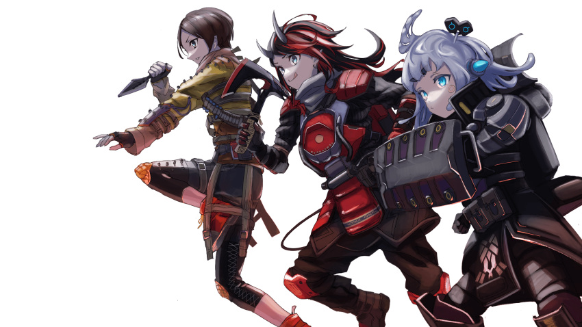 1boy 2girls absurdres and_uge apex_legends axe bangs black-framed_eyewear black_hair black_pants bloodhound_(apex_legends) bloodhound_(apex_legends)_(cosplay) blue_eyes brown_hair character_request closed_mouth commentary_request cosplay demon_girl demon_horns demon_tail feet_out_of_frame fingerless_gloves gin_(tttetu123) gloves grey_hair head_wings highres holding holding_axe holding_knife horns jacket knee_pads knife long_hair looking_afar multicolored_hair multiple_girls pants pointy_ears pouch real_life red_hair ryugasaki_rene shield short_hair shoulder_pads simple_background single_head_wing smile sudetaki sugar_lyric tactical_clothes tail transparent_background two-tone_hair v_ap_art virtual_youtuber yellow_jacket