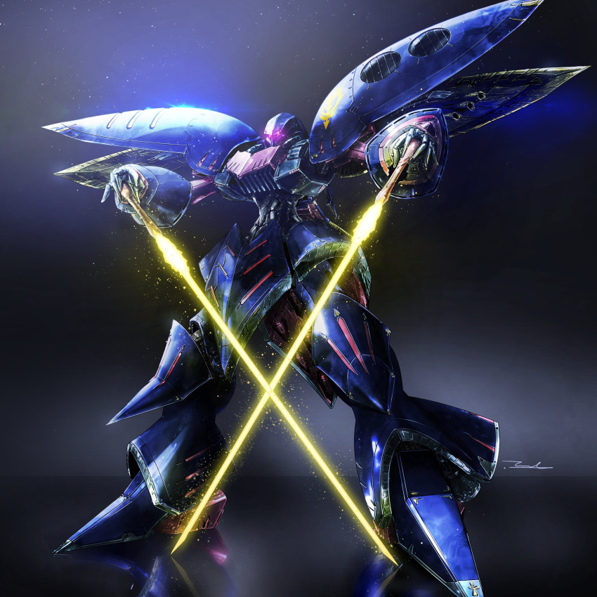 absurdres beam_saber black_background dual_wielding glowing glowing_eyes gundam gundam_zz highres holding holding_sword holding_weapon looking_at_viewer mecha mobile_suit no_humans pink_eyes qubeley qubeley_mk_ii science_fiction solo standing sword taka-f weapon