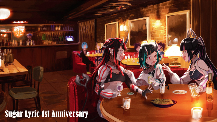 6+girls alcohol anniversary arm_strap bangs bar beer belt bikini bikini_top black_bikini black_gloves black_hair blonde_hair blue_eyes blue_hair blue_shorts blush booth_seating breasts chair character_request cleavage commentary_request compression_sleeve copyright_name cup demon_girl demon_horns demon_tail drinking_glass fang fingerless_gloves flat_chest gin_(tttetu123) gloves grey_sweater highres horns indoors jacket jewelry kojo_anna lamp large_breasts long_hair long_sleeves looking_at_another medium_breasts midriff multicolored_hair multiple_girls navel navel_piercing necklace off_shoulder official_alternate_costume open_mouth people piercing pointy_ears purple_hair red_belt red_eyes red_hair restaurant ryugasaki_rene shishio_chris short_hair shorts shrug_(clothing) single_bare_shoulder single_glove single_sleeve sitting smile striped striped_jacket sugar_lyric sweater swimsuit table tail twintails two-tone_hair underboob upper_body virtual_youtuber white_jacket wine wine_glass