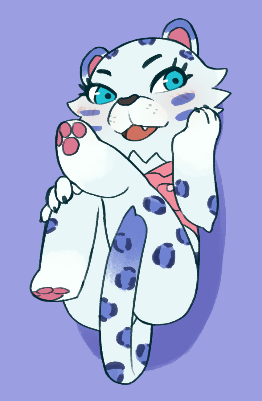 2021 animal_crossing anthro bianca_(animal_crossing) bird's-eye_view blue_eyes bottomless clothed clothing convenient_censorship felid female full-length_portrait fur hand_on_face hi_res high-angle_view kemokin_mania legs_up looking_at_viewer lying mammal nintendo on_back open_mouth pantherine pink_clothing pink_shirt pink_topwear portrait purple_background shirt simple_background snow_leopard solo spots tail_censorship tiger topwear video_games white_body white_fur