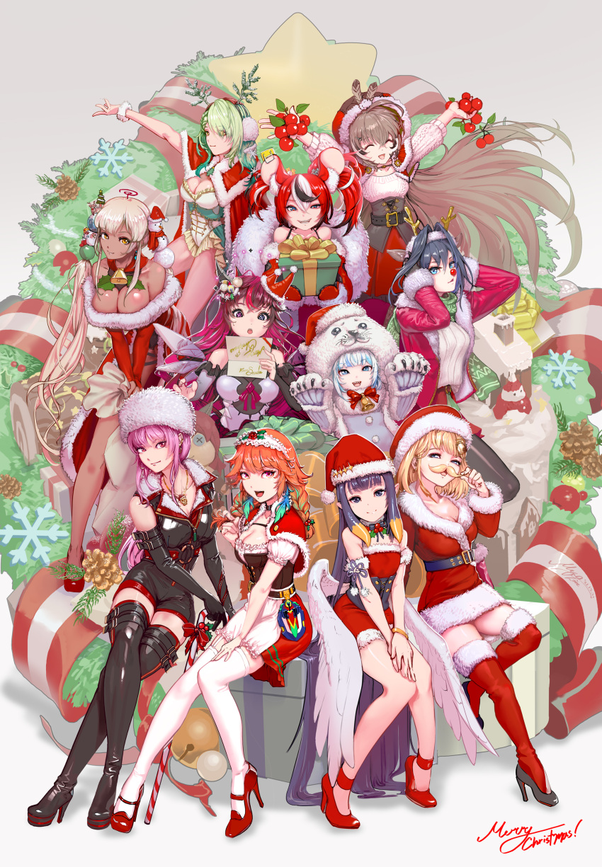 ! 2021 6+girls absurdres angel_wings animal_ear_fluff animal_ears artist_name bare_shoulders bell belt belt_buckle berry black_hair blonde_hair blue_eyes blue_hair boots braid breasts brown_hair buckle ceres_fauna choker christmas cleavage closed_eyes commentary crossed_legs dark-skinned_female dark_skin dated detached_sleeves earrings elbow_gloves eyebrows_visible_through_hair eyes_visible_through_hair facial_hair fake_facial_hair full_body gawr_gura gift gloves green_hair grey_background hair_between_eyes hakos_baelz hat heterochromia high_heel_boots high_heels highres holding holocouncil hololive hololive_english holomyth hoop_earrings horns irys_(hololive) jewelry large_breasts long_hair long_sleeves looking_at_viewer medium_breasts medium_hair merry_christmas mixed-language_commentary mori_calliope mouse_ears mouse_girl multicolored_hair multiple_girls mustache myo-zin nanashi_mumei neck_bell ninomae_ina'nis open_mouth orange_hair ouro_kronii pink_hair red_hair santa_costume santa_hat sharp_teeth short_sleeves simple_background sitting skirt skull skull_necklace sleeveless smile takanashi_kiara teeth thigh_boots thighhighs tongue tsukumo_sana twin_braids twintails very_long_hair watermark watson_amelia white_hair wings yellow_eyes