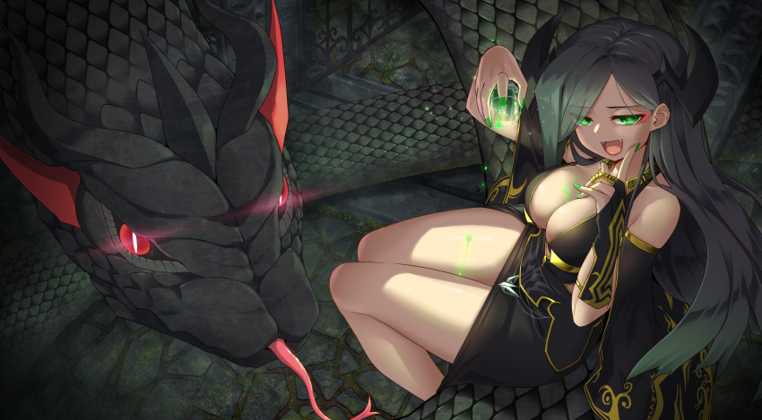 1girl :d animal arm_up artemisia_(flower_knight_girl) bangs bare_shoulders black_dress black_hair breasts bridal_gauntlets cape cleavage cleavage_cutout clothing_cutout commentary_request cup dress eyes_visible_through_hair fangs flower_knight_girl from_above glowing glowing_eyes green_eyes green_nails highres holding holding_cup horns large_breasts long_hair looking_at_viewer looking_up mizunashi_(second_run) nail_polish parted_bangs red_eyes single_bridal_gauntlet sitting smile snake solo very_long_hair