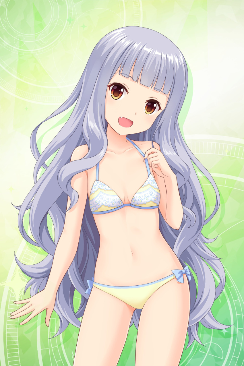 1girl absurdres alternative_girls bare_arms bare_shoulders bikini breasts cleavage eyebrows_visible_through_hair fang green_background highres hiiragi_tsumugi holding holding_clothes long_hair looking_at_viewer official_art open_hand open_mouth silver_hair small_breasts smile solo standing swimsuit yellow_bikini yellow_eyes