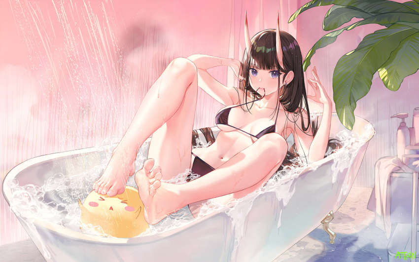 1girl animal arm_up armpits atdan azur_lane bangs bare_arms bare_legs bare_shoulders bathing bathtub bikini bird black_bikini black_hair blunt_bangs breasts breasts_apart chick collarbone earrings feet hair_tie_in_mouth halter_top halterneck hand_up highres horns jewelry leaf legs_up long_hair looking_at_viewer manjuu_(azur_lane) medium_breasts mouth_hold navel noshiro_(azur_lane) noshiro_(cozy_enclave)_(azur_lane) oni_horns purple_eyes revision showering soap_bubbles solo stomach string_bikini stud_earrings swimsuit thighs toes water wet