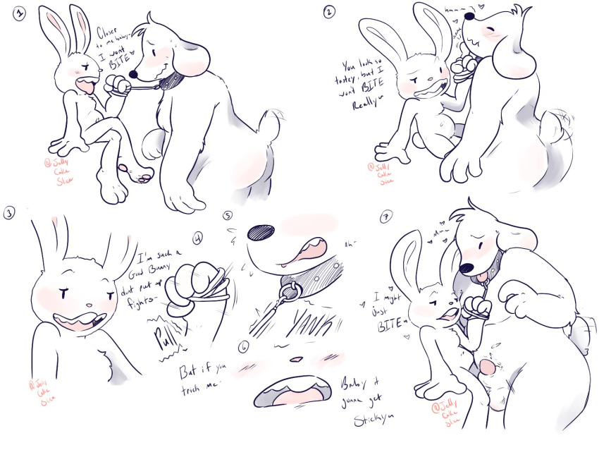 4:3 anthro balls canid canine canis collar dirty_talk domestic_dog duo erection genitals hi_res jellycakeslice lagomorph leash leash_pull male male/male mammal max_(sam_and_max) penis sam_and_max samuel_dog shy tail_motion tailwag