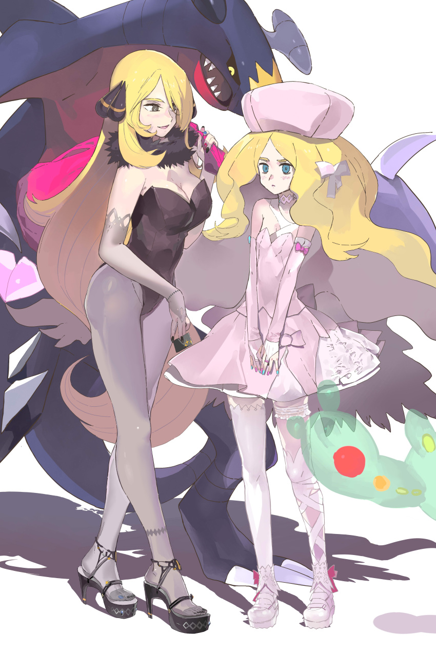 2girls absurdres alternate_costume black_footwear black_nails blonde_hair breasts brown_leotard caitlin_(pokemon) cleavage commentary cynthia_(pokemon) dress elbow_gloves fur_collar garchomp gloves grey_legwear hair_ornament hand_up hat high_heels highres hiro_(user_negm3832) leotard long_hair multiple_girls nail_polish pantyhose pink_dress pink_headwear pokemon pokemon_(creature) pokemon_(game) pokemon_bw pokemon_dppt reuniclus standing thighhighs white_legwear