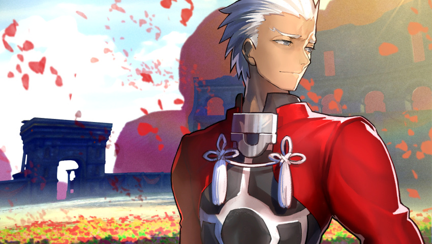 1boy archer_(fate) closed_mouth cropped_jacket dark-skinned_male dark_skin fate/extella fate/extra fate/stay_night fate_(series) game_cg grey_eyes highres jacket long_sleeves looking_to_the_side non-web_source official_art photoshop_(medium) red_jacket ruins silver_hair solo spiked_hair standing wada_arco white_hair