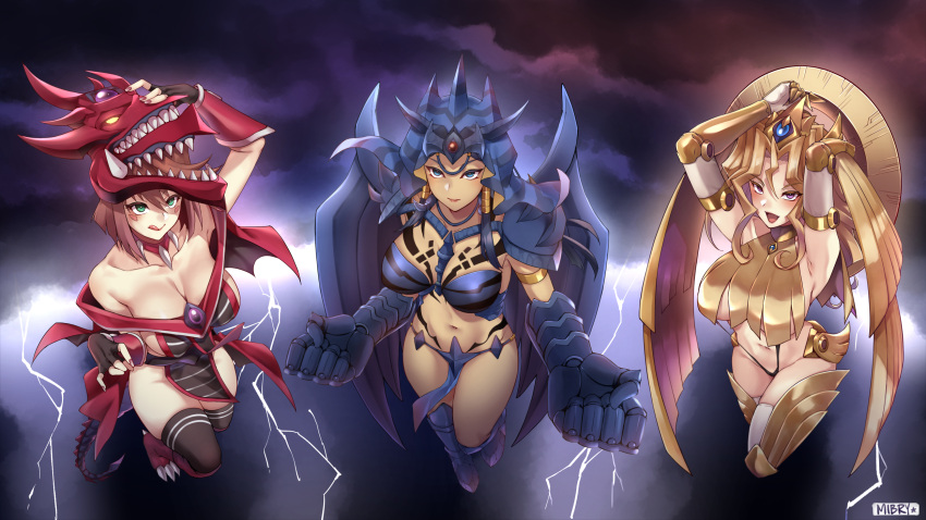 3girls :d :q arm_up armlet armor armored_boots armpits arms_up artist_name bangs bare_shoulders bikini bikini_armor black_dress black_gloves black_hair black_legwear black_swimsuit blonde_hair blue_bikini blue_eyes blue_footwear boots breasts brown_hair cape circlet clawed_boots cleavage clenched_hands closed_mouth cloud cloudy_sky collar collarbone commentary cosplay dark-skinned_female dark_skin dress eyebrows_visible_through_hair facial_mark fingerless_gloves floating forehead_jewel full_body gauntlets gloves groin hair_between_eyes helmet highres ishizu_ishtar jewelry knee_boots kujaku_mai large_breasts lightning long_hair looking_at_viewer mazaki_anzu mibry_(phrysm) multiple_girls navel obelisk_the_tormentor obelisk_the_tormentor_(cosplay) open_mouth osiris_the_sky_dragon osiris_the_sky_dragon_(cosplay) parted_bangs pelvic_curtain purple_eyes red_cape red_collar red_footwear red_nails revealing_clothes short_hair sidelocks skindentation sky slingshot_swimsuit smile stomach swimsuit tail the_winged_dragon_of_ra the_winged_dragon_of_ra_(cosplay) thighhighs tongue tongue_out veil waist_cape white_legwear wings yu-gi-oh! yu-gi-oh!_duel_monsters