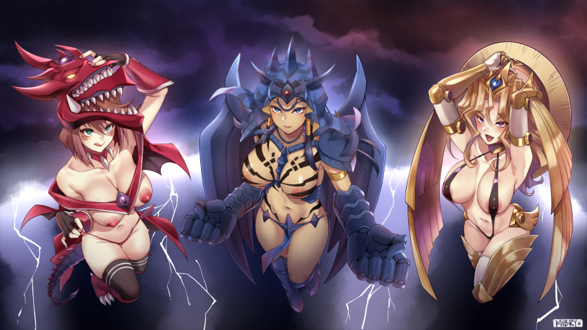 3girls :d :q areola_slip areolae arm_up armlet armored_boots armpits arms_up artist_name bangs bare_shoulders black_gloves black_hair black_legwear black_swimsuit blonde_hair blue_eyes blue_footwear boots breasts brown_hair cape circlet clawed_boots cleavage clenched_hands closed_mouth cloud cloudy_sky collar collarbone cosplay covered_nipples dark-skinned_female dark_skin eyebrows_visible_through_hair facial_mark fingerless_gloves floating forehead_jewel full_body gauntlets gloves groin hair_between_eyes helmet highres ishizu_ishtar jewelry knee_boots kujaku_mai large_breasts lightning long_hair looking_at_viewer mazaki_anzu mibry_(phrysm) multiple_girls navel obelisk_the_tormentor obelisk_the_tormentor_(cosplay) open_mouth osiris_the_sky_dragon osiris_the_sky_dragon_(cosplay) panties parted_bangs pasties pelvic_curtain purple_eyes red_cape red_collar red_footwear red_nails red_panties revealing_clothes short_hair sidelocks skindentation sky slingshot_swimsuit smile stomach swimsuit tail the_winged_dragon_of_ra the_winged_dragon_of_ra_(cosplay) thighhighs tongue tongue_out underwear veil waist_cape white_legwear wings yu-gi-oh! yu-gi-oh!_duel_monsters