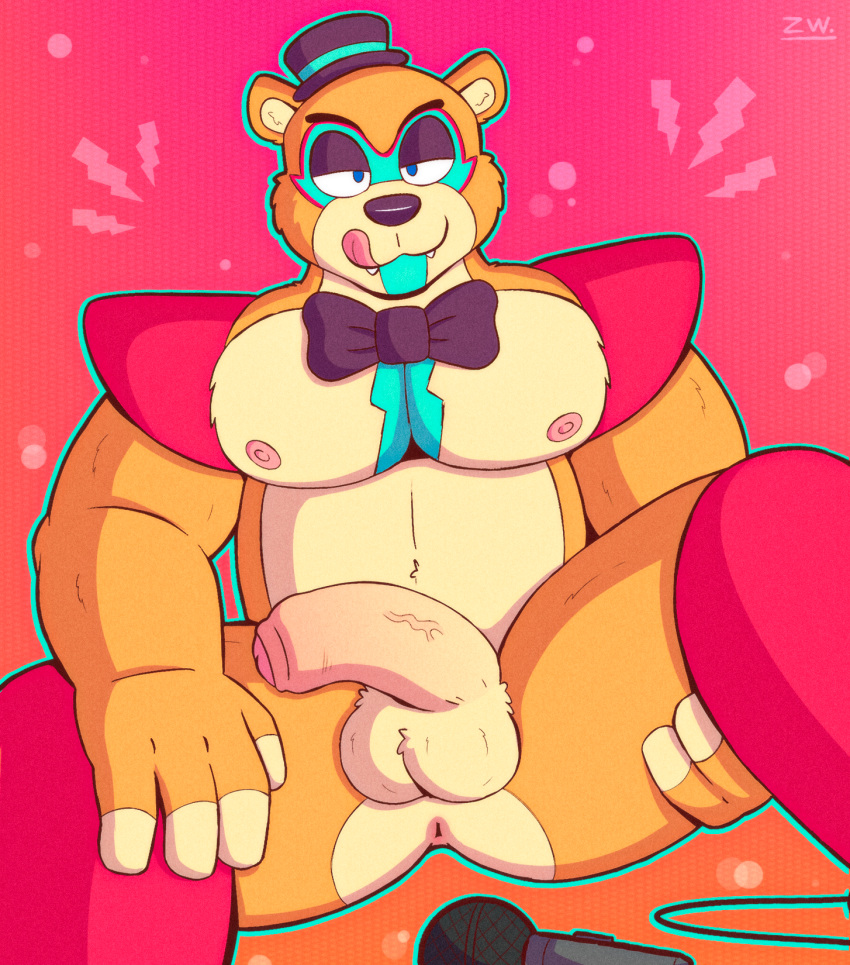 anthro anus balls big_breasts bow_tie breasts butt clothing erection five_nights_at_freddy's five_nights_at_freddy's:_security_breach fur genitals glamrock_freddy_(fnaf) hat headgear headwear hi_res male male/male mammal microphone muscular nipples nude penis presenting presenting_anus scottgames showing_penis smile solo standing tongue top_hat topknot ursid video_games wolfyzeeb