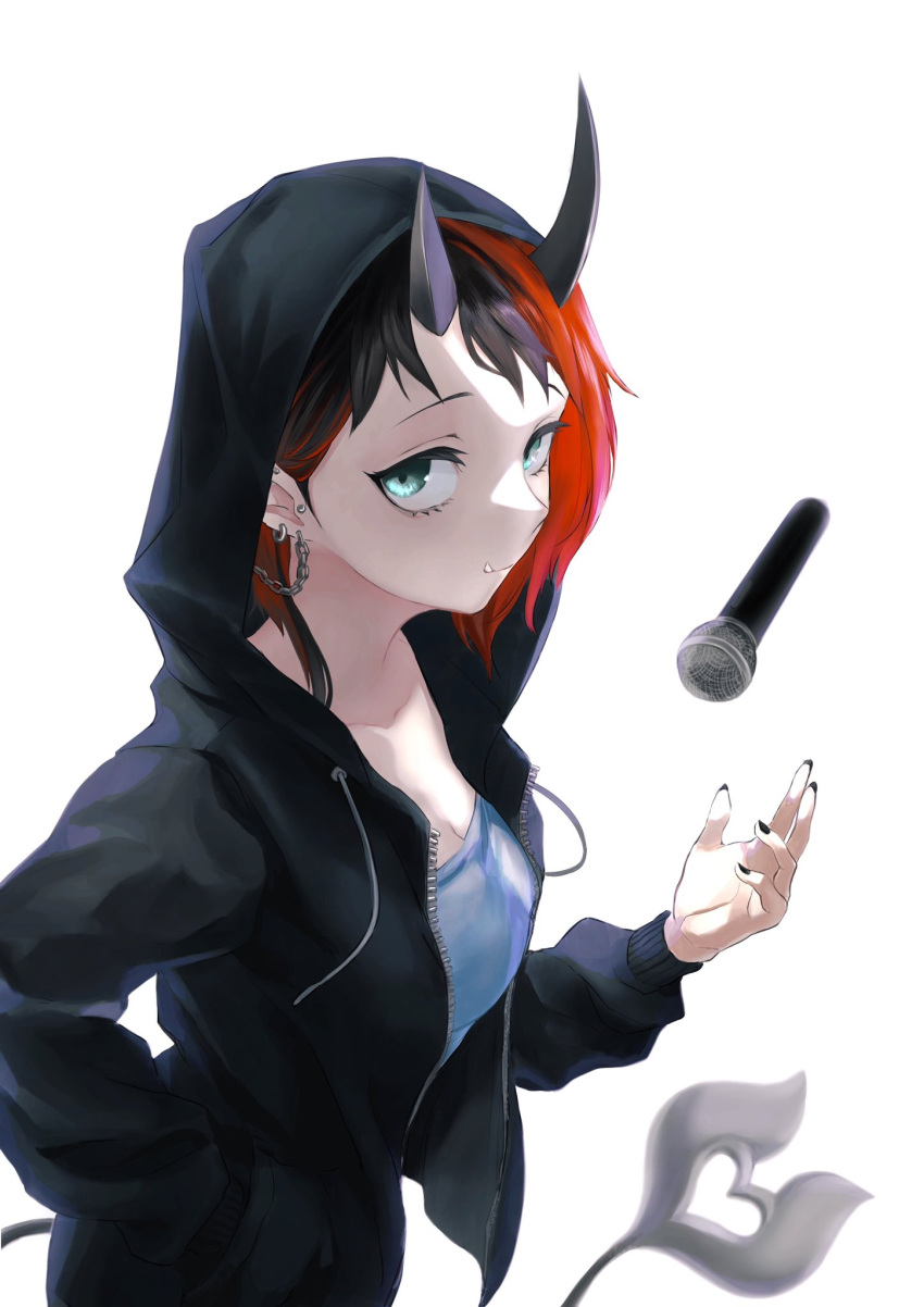 1girl alternate_costume bangs black_hair black_hoodie black_nails blue_eyes blue_shirt breasts cleavage closed_mouth commentary_request demon_girl demon_horns demon_tail ear_chain ear_piercing gin_(tttetu123) hand_in_pocket highres hood hood_up hoodie horns large_breasts looking_at_viewer microphone multicolored_hair nail_polish piercing pointy_ears red_hair ryugasaki_rene shirt short_hair simple_background smile solo sugar_lyric tail throwing two-tone_hair virtual_youtuber white_background