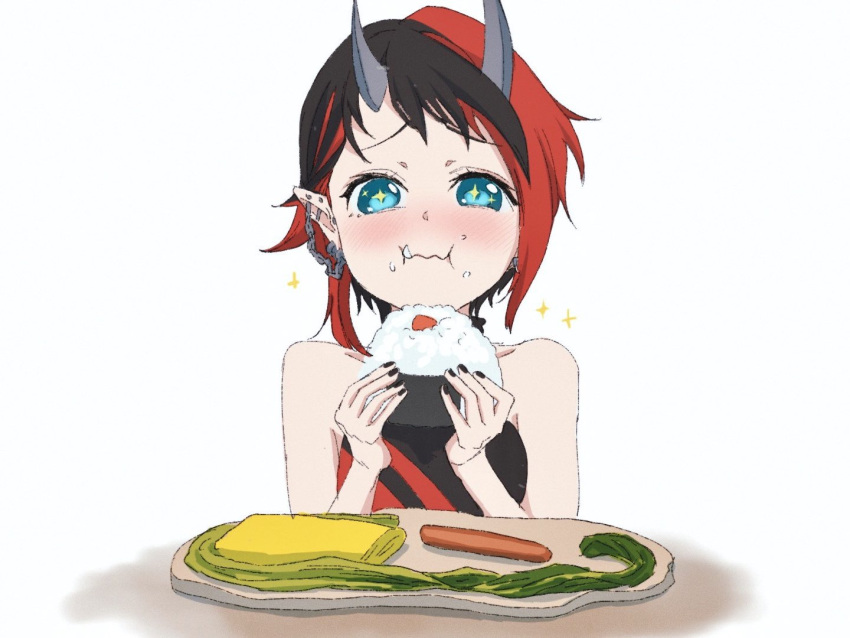 1girl :i bangs black_hair black_sports_bra blue_eyes blush closed_mouth commentary demon_girl demon_horns ear_chain ear_piercing eating food food_on_face fruit gin_(tttetu123) horns hot_dog looking_at_viewer multicolored_hair no_jacket onigiri piercing pointy_ears red_hair red_sports_bra rice rice_on_face ryugasaki_rene short_hair simple_background solo sparkling_eyes sports_bra sugar_lyric two-tone_hair umeboshi upper_body virtual_youtuber wavy_mouth white_background