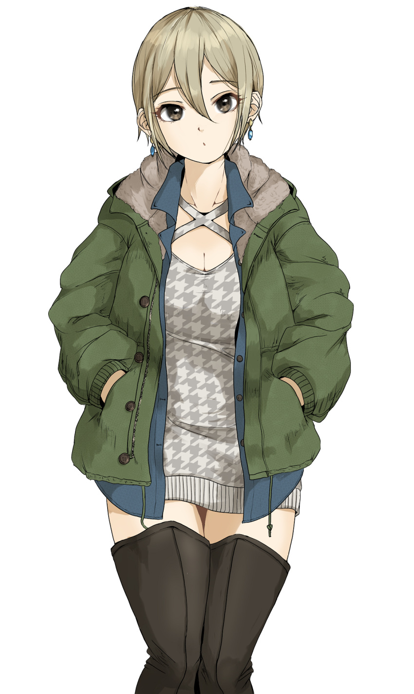 1girl :o black_legwear blue_jacket boots breasts cleavage cleavage_cutout clothing_cutout collarbone cross-laced_dress earrings eyebrows_visible_through_hair feet_out_of_frame gatsby_ssl green_jacket grey_hair hair_between_eyes hands_in_pockets highres idolmaster idolmaster_cinderella_girls jacket jewelry looking_at_viewer patterned_clothing shiomi_syuko short_hair simple_background solo thigh_boots thighhighs white_background zettai_ryouiki