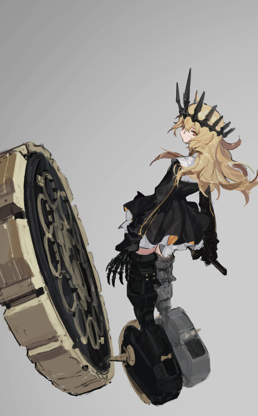 1girl absurdres bangs black_dress black_footwear black_rock_shooter blonde_hair boots chariot_(black_rock_shooter) claws closed_mouth crown dress grey_background highres jae0 long_hair long_sleeves looking_at_viewer looking_back sketch solo thigh_boots thighhighs wheel yellow_eyes