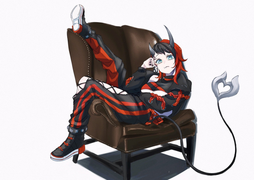 1girl armchair bangs black_footwear black_hair black_jacket black_nails black_pants black_sports_bra blue_eyes breasts chain chair commentary_request cropped_jacket cross-laced_pants demon_girl demon_horns demon_tail ear_chain full_body gin_(tttetu123) highres horns jacket large_breasts leg_up looking_at_viewer multicolored_hair nail_polish open_clothes open_jacket pants parted_lips pointy_ears red_hair red_pants red_sports_bra ryugasaki_rene shoes short_hair simple_background sitting_sideways sneakers solo sports_bra sugar_lyric tail two-tone_hair two-tone_pants underboob virtual_youtuber white_background