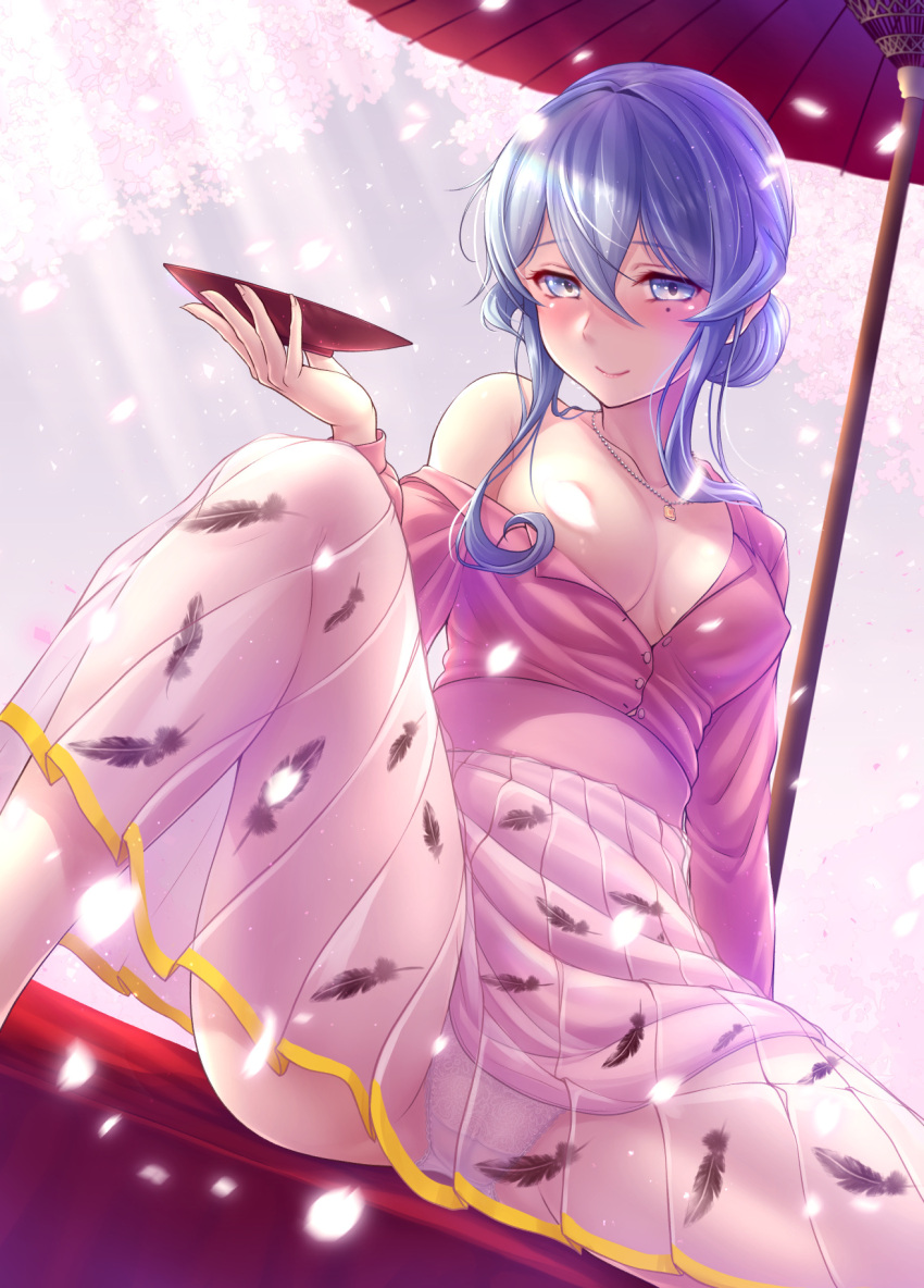 1girl blue_eyes blue_hair blush breasts buttons censored cherry_blossoms closed_mouth collarbone cup drunk eyebrows_visible_through_hair feather_print gotland_(kancolle) hair_between_eyes highres holding holding_cup jewelry kantai_collection large_breasts long_sleeves medium_hair mole mole_under_eye necklace official_alternate_costume oil-paper_umbrella panties petals pink_shirt pink_skirt red_umbrella ryu-akt sakazuki shirt skirt smile solo umbrella underwear white_panties