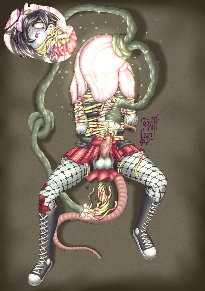 absurd_res anthro arms_tied balls bodily_fluids bottomwear bound clothed clothing crossdressing fishnet fishnet_legwear flower genital_fluids genitals hair hi_res humanoid_genitalia humanoid_penis legwear male mammal milking_tentacles munsu89 murid murine nectar nostril_penetration oral penis plant precum rat rodent skirt solo stockings tentacle_masturbation tentacles torn_clothing vines