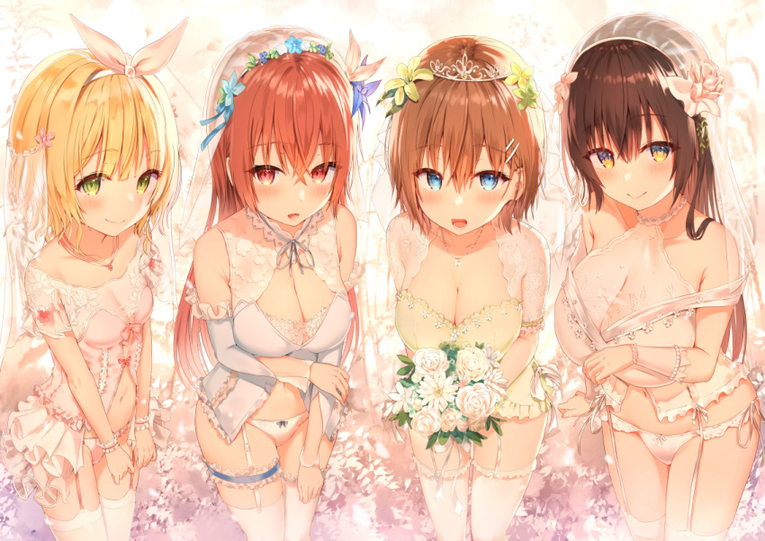 4girls babydoll bangs bare_shoulders blonde_hair blue_babydoll blue_eyes blush bouquet bow bow_panties breasts bridal_veil bride brown_hair cleavage closed_mouth collarbone eyebrows_visible_through_hair flower frilled_panties frills from_above garter_straps garters green_eyes hair_flower hair_ornament hair_ribbon hairclip holding holding_bouquet huge_breasts jewelry kawaikereba_hentai_demo_suki_ni_natte_kuremasu_ka? kiryuu_mizuha koga_yuika large_breasts lingerie long_hair looking_at_viewer medium_breasts multiple_girls nanjou_mao navel necklace open_mouth own_hands_together panties pink_babydoll red_eyes red_hair ribbon short_hair small_breasts smile standing sune_(mugendai) thigh_strap thighhighs tokihara_sayuki underwear underwear_only v_arms veil white_babydoll white_legwear white_panties yellow_babydoll yellow_eyes