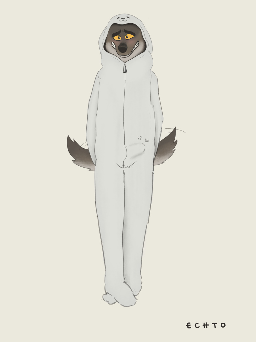 absurd_res anthro bulge canid canine canis dreamworks echto embarrassed erection grin hi_res legs male mammal mr._wolf_(the_bad_guys) nervous onesie smile solo tail_motion tailwag the_bad_guys wolf yellow_eyes zipper