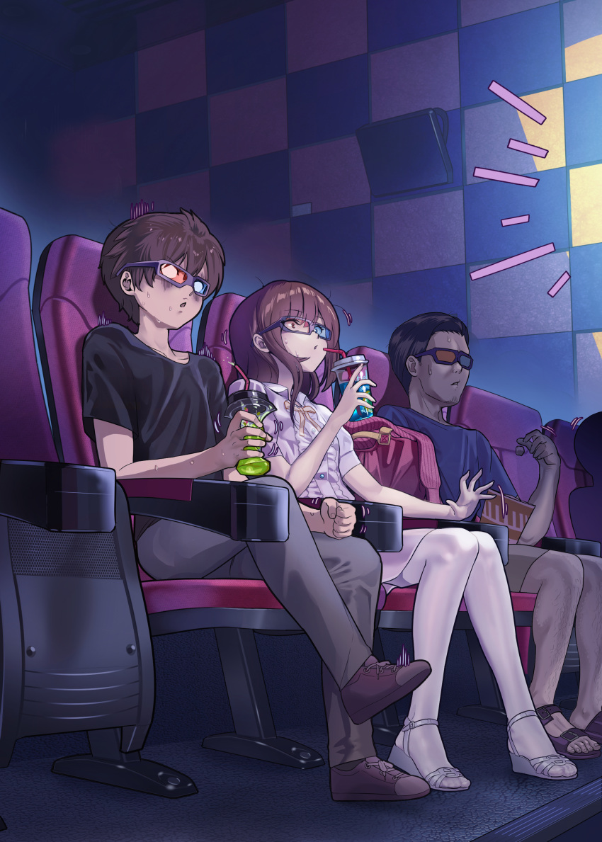 2boys 3d_glasses absurdres bangs blouse brown_hair closed_eyes cup drinking_straw eyebrows_behind_hair glasses hair_between_eyes highres holding holding_cup long_sleeves movie movie_theater multiple_boys original panties panty_pull pantyhose sandals shirt short_hair thighhighs underwear white_legwear yewang19