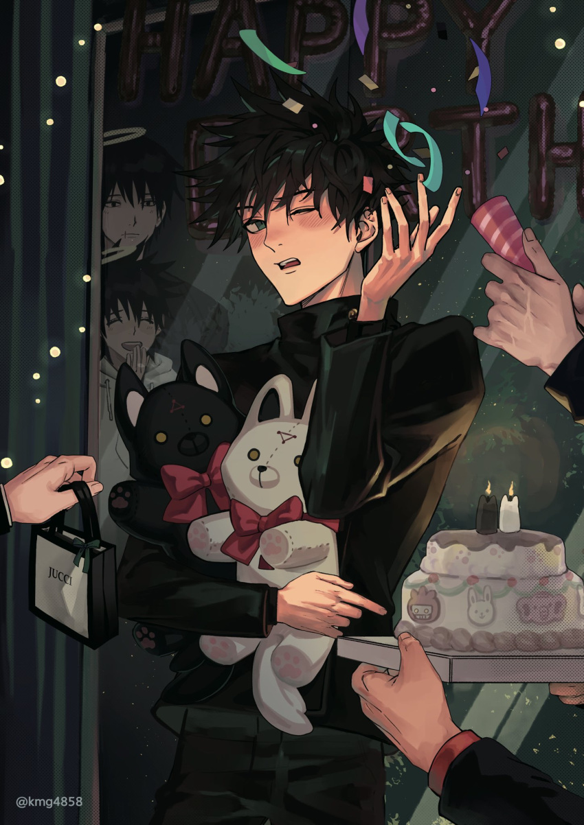 1girl 2others 3boys ^_^ bag bangs birthday_cake black_hair black_jacket black_pants cake closed_eyes cowboy_shot food fushiguro_megumi fushiguro_touji green_eyes hair_between_eyes halo hand_up happy_birthday highres holding holding_bag holding_tray hood hoodie itadori_yuuji jacket jujutsu_kaisen kmg4858 long_sleeves megumi's_mother_(jujutsu_kaisen) multiple_boys multiple_others one_eye_closed open_mouth pants party_popper scar scar_on_face short_hair smile spiked_hair standing stuffed_animal stuffed_toy tray twitter_username white_hoodie